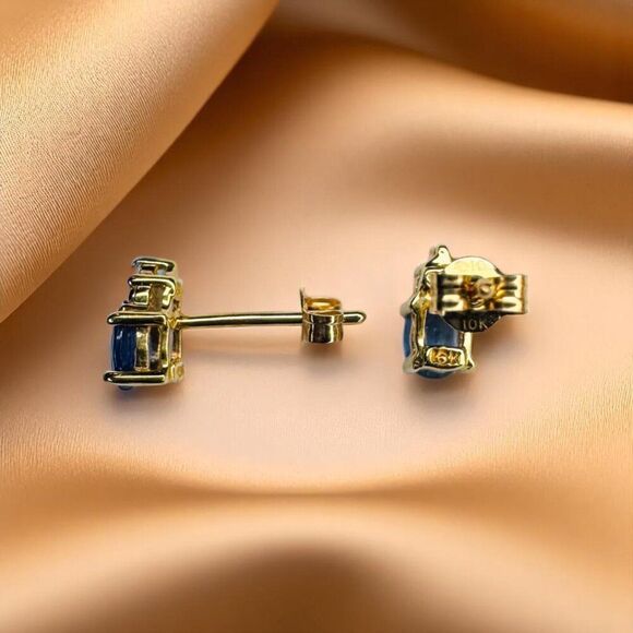 10K Yellow Gold Ceylon Sapphire & Diamond Floral Stud Earrings 10K Gold- Natural Ceylon Sapphire & Diamond Earrings -1/2CTW -Dainty Blue Studs